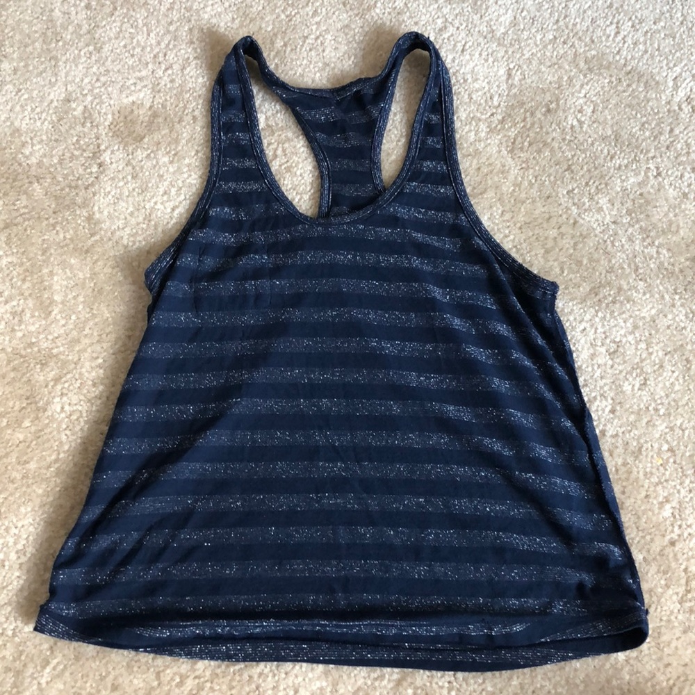 Navy blue and silver striped pocket tank